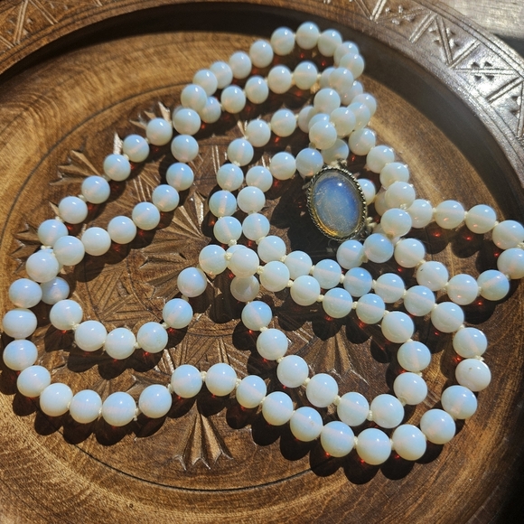 Vintage Jewelry - Vintage Japan Opalite Glass Double Strand Necklace with Gold-tone Box Clasp